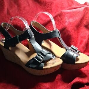 Clarks Black Wedge Sandals with Buckle Detail